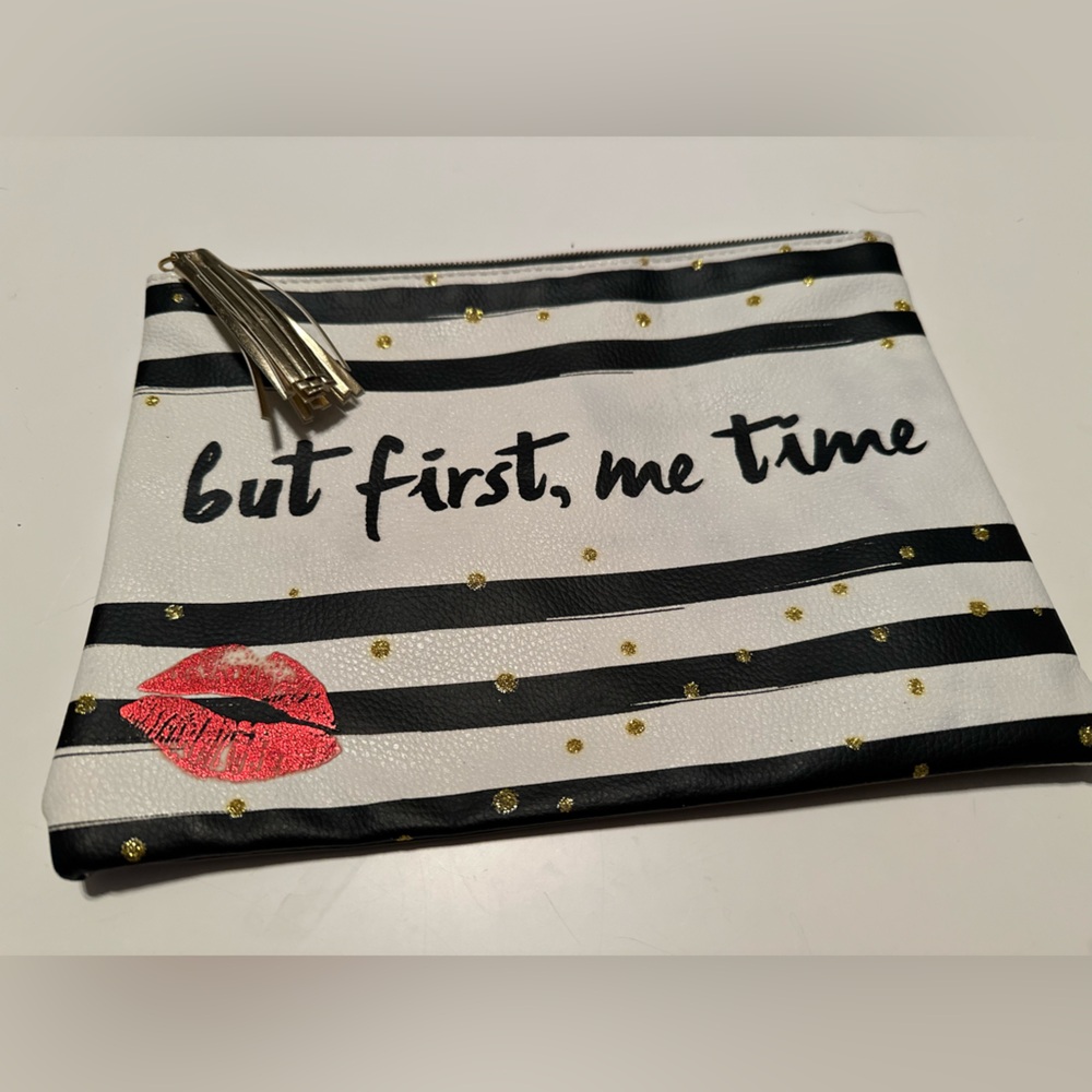 “But first, me time” Pinstripe Cosmetic Bag - Lips - Picture 1 of 2